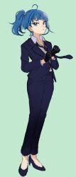 Rule 34 | 1girl, ahoge, black gloves, black necktie, black shoes, blazer, blue hair, blue jacket, blue pants, commentary, cut bangs, dress shirt, formal clothes, full body, gloves, green background, hair tie, high heels, highres, hirogaru sky! precure, jacket, long sleeves, looking at viewer, loose necktie, medium hair, necktie, no socks, office lady, pant suit, pants, parted lips, precure, shirt, shoes, side ponytail, single sidelock, solo, sora harewataru, standing, suit, white shirt, wing collar, yumi san0112