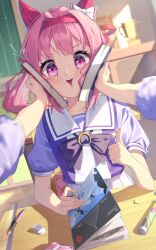 1girl 3girls absurdres animal_ears blush book bow bowtie candy cheek_press classroom collarbone commentary desk eraser fingernails flower_in_eye food hair_bow hairband haru_urara_(umamusume) headband highres horse_ears horse_girl indoors long_hair looking_at_viewer maeru motion_blur multiple_girls open_mouth pen pink_eyes pink_hair pink_hairband pink_headband pleated_skirt purple_bow purple_bowtie purple_shirt ruler sailor_collar school_desk shirt short_sleeves skirt solo_focus sparkle symbol_in_eye thumbs_up trophy umamusume upper_body white_bow white_sailor_collar white_skirt
