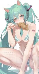 1girl absurdres animal_ears aqua_bikini aqua_eyes aqua_hair aqua_necktie bikini breasts cameltoe commentary_request detached_collar food food_in_mouth hair_between_eyes hatsune_miku highres koage large_breasts long_hair looking_at_viewer mouth_hold necktie number_tattoo paw_pose shoulder_tattoo simple_background solo squatting striped_bikini striped_clothes swimsuit taiyaki tattoo twintails very_long_hair vocaloid wagashi watermark white_background