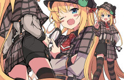 1girl ;d animal_ears animal_hat ass black_hat black_shoes blonde_hair blue_eyes blush_stickers brown_capelet brown_skirt capelet commentary_request crossed_arms deerstalker detective fake_animal_ears fang grey_shirt hat highres long_hair long_sleeves magnifying_glass multiple_views one_eye_closed open_mouth original pleated_skirt pointing pointing_at_viewer shirt shoes short_shorts shorts simple_background skirt smile solar_milk striped_clothes striped_thighhighs thighhighs very_long_hair white_background
