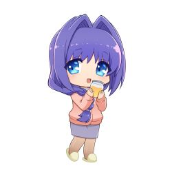 Rule 34 | 1girl, akiko jam, blue eyes, braid, brown pantyhose, cardigan, chibi, grey skirt, hair intakes, hair over shoulder, highres, holding, ikeda jun (aquaqua), jam, jar, kanon, looking at viewer, minase akiko, pantyhose, pencil skirt, pink cardigan, purple hair, simple background, single braid, skirt, slippers, smile, solo, white background, white slippers