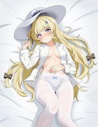 1girl absurdres bed blonde_hair bow byeolbinmandu hair_bow hair_ornament hat highres long_hair looking_at_viewer on_bed pantyhose phoebe_(wuthering_waves) purple_eyes skirt solo very_long_hair white_hat white_pantyhose white_skirt wuthering_waves