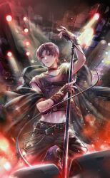 Rule 34 | 1boy, abs, arm tattoo, artist request, belt, belt buckle, belt collar, black belt, black gloves, black shawl, black shirt, black shoes, brown hair, buckle, cable, cloud, cloudy sky, collar, denim, fingerless gloves, game cg, gloves, grey eyes, grey pants, hand up, highres, holding, holding microphone, idol, inky soundwave (shining nikki), jeans, light particles, male focus, marking on cheek, microphone, microphone stand, multiple belts, navel, night, nikki (series), official art, outdoors, pants, parted bangs, parted lips, qin yi, red belt, see-through clothes, see-through shawl, shawl, shining nikki, shirt, shoes, short hair, short sleeves, sky, solo, spotlight, squatting, stage, stage lights, studded belt, tattoo, toned, wrist belt
