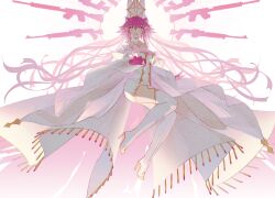 1girl animal_ear_fluff animal_ears boots breasts cleavage double_bun dress fate/grand_order fate_(series) floating full_body gloves gun hair_between_eyes hair_bun hat highres koyanskaya_(assassin)_(third_ascension)_(fate) koyanskaya_(fate) large_breasts long_hair long_sleeves midair pink_gloves pink_hair qqq1672559 rabbit_ears rifle sidelocks smile solo tamamo_(fate) thigh_boots very_long_hair weapon white_dress yellow_eyes