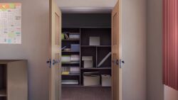 book book_stack bookshelf box calendar_(object) cardboard_box classroom closet commentary curtains dark doki_doki_literature_club door_handle doorway english_commentary floor game_cg highres indoors manga_(object) no_humans non-web_source official_art open_door paper poster_(object) pov_doorway rolled_up_paper school textbook velinquent wooden_door wooden_floor