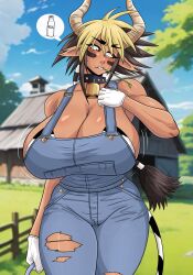 Rule 34 | 1girl, animal ears, bell, black hair, blonde hair, blue overalls, blue sky, blurry, blurry background, blush, breasts, brown eyes, cathyl, cleavage, cloud, commentary, cow ears, cow girl, cow horns, cow print bra, cow tail, cowbell, cowboy shot, dark-skinned female, dark skin, day, english commentary, gloves, hair between eyes, highres, horns, house, huge breasts, looking afar, michael gonzalez, monster musume no iru nichijou, mouth hold, multicolored hair, neck bell, outdoors, overalls, short hair, sky, solo, stalk in mouth, tail, torn clothes, torn overalls, tree, two-tone hair, white gloves