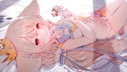 1girl animal_ear_fluff animal_ears ascot asymmetrical_legwear bare_arms bare_shoulders blue_bow blue_ribbon blush bow bowtie chess_piece crown feet_out_of_frame flower fox_ears fox_girl fox_tail frilled_vest frills gloves grey_hair hair_between_eyes hair_bow hair_ornament hair_ribbon hair_scrunchie hands_up head_tilt high_collar highres holding holding_chess_piece knees_up large_ears large_tail light long_hair looking_at_viewer low_twintails lying norada on_back on_floor original parted_lips red_eyes ribbon rose sakurada_shiro_(hy_plus) sakurada_shiro_(royal)_(hy_plus) sash scrunchie shadow shoulder_sash signature single_bare_leg smile socks solo tail thank_you thighhighs tile_floor tiles twintails uneven_legwear very_long_hair vest white_flower white_gloves white_hair white_rose white_socks white_thighhighs white_unitard zettai_ryouiki