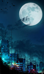 amatsuki_rei artist_name building fantasy highres moon night night_sky no_humans original scenery signature sky skyscraper