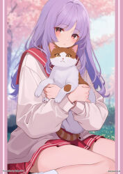 1girl animal animal_hug blush cat cherry_blossoms expressionless highres himekawa_kotone hug kujou_ichiso long_hair looking_at_viewer official_art outdoors pink_shirt pleated_skirt purple_eyes purple_hair red_sailor_collar red_skirt sailor_collar school_uniform second-party_source serafuku shirt sitting skirt socks thighs to_heart to_heart_(series) tree white_socks