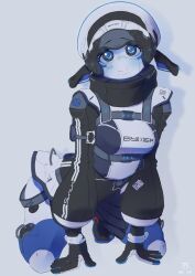 Rule 34 | 1girl, absurdres, blue eyes, breasts, collar, colored skin, facial tattoo, hands on floor, highres, humanoid robot, id card, jewelry, kneeling, long sleeves, looking at viewer, medium breasts, original, puffy long sleeves, puffy sleeves, ring, robot, robot girl, smile, strap, tattoo, vertical-striped sleeves, white skin, yahazu tama