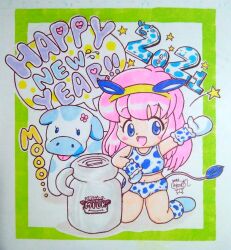 1girl 2021 20s absurdres animal animal_ears animal_print blue_eyes blue_shoes blush bottle chinese_zodiac cow cow_ears cow_girl cow_print cow_tail drink fake_animal_ears fake_tail flat_chest flower gloves hair_flower hair_ornament happy_new_year heart highres kneeling loli long_hair looking_at_viewer midriff milk milk_bottle misukomu_plus mittens navel new_year open_mouth original panties pink_hair print_panties print_shirt shirt shoes smile speech_bubble spoken_heart star_(symbol) tail tank_top teeth tongue tongue_out traditional_media underwear waving white_background white_gloves white_mittens white_panties white_shirt year_of_the_ox zodiac_girl_(misukomu_plus)