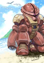 acguy beach bird blue_sky cloud day gundam gundam_thunderbolt highres mecha mecha_focus mobile_suit mountainous_horizon no_humans ocean okrdisk2000 robot seagull shore sky water