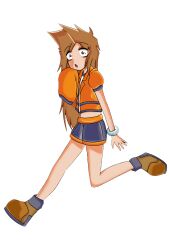 ace_attorney bracelet brown_eyes brown_footwear brown_hair highres jacket jewelry larry_butz long_sleeves non-web_source open_mouth orange_jacket short_sleeves shorts surprised transparent_background
