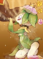 !? 1boy 1girl ? animal_feet black_fur blush body_fur breasts brown_background claws collar colored_skin constricted_pupils crown emboar feet flower foot_on_another&#039;s_face from_side furry furry_male furry_with_non-furry gen_5_pokemon gredtrain green_hair green_leotard green_skin hair_flower hair_ornament heart heart-shaped_pupils hetero highres hisuian_lilligant interspecies leaf leash leotard mini_crown monster_girl multicolored_skin nintendo pet_play pink_eyes pink_flower pink_skin plant_girl pokemon pokemon_(creature) profile shoes short_hair sidelocks simple_background sitting small_breasts speech_bubble spoken_heart spoken_interrobang spoken_question_mark steam steaming_body sweat symbol-shaped_pupils tears thighs trembling white_skin wide-eyed yellow_headwear yellow_shoes yokozuwari