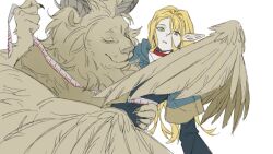 1girl animal_ears animal_nose blonde_hair blue_capelet blue_dress capelet carrying carrying_person chimera choker claws closed_eyes closed_mouth creature dress dungeon_meshi feathered_wings green_eyes hair_between_eyes hand_around_waist horns kugai697139 lion_ears long_hair long_sleeves looking_at_viewer marcille_donato pale_skin pointy_ears red_choker simple_background smile teeth white_background wide_sleeves wings yellow_fur