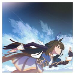 Rule 34 | 1girl, admire vega (umamusume), animal ears, black gloves, blue sky, border, brown eyes, brown hair, cloud, commentary request, day, ear covers, fingerless gloves, from side, gloves, hair ribbon, horse ears, horse girl, horse tail, kamotsu, leaning forward, long hair, long sleeves, necktie, outdoors, profile, ribbon, running, single ear cover, single fingerless glove, single glove, sky, solo, tail, umamusume, white border, white necktie, white ribbon