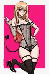 1girl absurdres biting_own_lip black_slingshot_swimsuit black_tail black_thighhighs blonde_hair border breasts cowboy_shot demon_tail earrings fishnet_gloves fishnet_top fishnets gloves high_heels highres jewelry kitagawa_marin medium_breasts navel pink_background prixmal red_eyes revealing_clothes simple_background slingshot_swimsuit solo sono_bisque_doll_wa_koi_wo_suru standing standing_on_one_leg swimsuit tail thighhighs v white_border