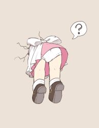 1girl ? apron ass black_shoes crack cracked_wall dress from_behind highres kamune250 original panties pantyshot pink_dress shoes socks solo spoken_question_mark stuck thighs through_wall underwear upskirt white_apron white_panties white_socks