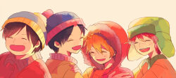 Rule 34 | 4boys, animification, black hair, blue hat, blush, brown hair, buttons, closed eyes, collared jacket, commentary request, eric cartman, fur-trimmed hood, fur trim, green hat, hair between eyes, hand on another&#039;s shoulder, hand up, happy, hat, hood, hooded jacket, jacket, kenny mccormick, kyle broflovski, male focus, multiple boys, open mouth, orange hair, orange jacket, pom pom (clothes), red hair, red jacket, short hair, simple background, smile, south park, stan marsh, tamago (bolo), upper body, white background, yellow jacket