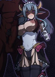 1boy 1girl absurdres ahoge amakubo_yuri animal_ears animal_print aoi_tabane blue_hair blush breasts censored cow_ears cow_girl cow_horns cow_print cow_tail dark-skinned_male dark_skin elbow_gloves erection faceless faceless_male garter_straps gloves grabbing_another&#039;s_breast grin groping handjob heart heart-shaped_pupils hetero highres horns huge_penis interracial kouyoku_senki_exs-tia lactation large_breasts large_penis long_hair looking_at_viewer maid_headdress milk_slave_maid mosaic_censoring nipples overskirt penis purple_eyes pussy_juice showgirl_skirt smile solo_focus sweat symbol-shaped_pupils tail testicles thighhighs twintails virtual_youtuber