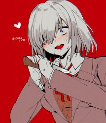1girl argyle_clothes argyle_vest blazer blue_eyes blush boyano brown_jacket collared_shirt commentary_request cosplay crazy doki_doki_literature_club grey_hair hair_over_one_eye heart highres holding holding_knife imminent_suicide isuzu_ren jacket knife lapels magia_record:_mahou_shoujo_madoka_magica_gaiden mahou_shoujo_madoka_magica neck_ribbon one_eye_covered open_mouth parody red_background red_ribbon ribbon sanpaku shirt short_hair simple_background solo sweat swept_bangs teeth upper_body white_shirt yuri_(doki_doki_literature_club) yuri_(doki_doki_literature_club)_(cosplay)