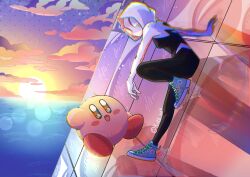 Rule 34 | 1girl, 1other, aimaay, artist name, bodysuit, commentary, crossover, english commentary, highres, hood, hooded bodysuit, kirby, kirby (series), marvel, nintendo, open mouth, smile, spider-gwen, spider-man: across the spider-verse, spider-man (series), spider-verse, spider web print, sun, sunrise, tongue