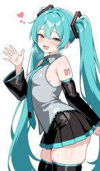 1girl :d absurdres aqua_eyes aqua_hair armpit_crease bare_shoulders black_skirt blush breasts detached_sleeves feet_out_of_frame hair_between_eyes hair_ornament hand_up hatsune_miku heart highres long_hair long_sleeves looking_at_viewer necktie number_tattoo open_mouth pleated_skirt shiguren_39 shirt simple_background skindentation skirt smile solo steam sweat tattoo thighhighs thighs twintails vocaloid waving white_background