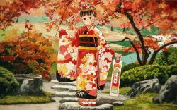 Rule 34 | 1girl, autumn, blush, brown eyes, brown hair, eikoh, flower, full body, hair flower, hair ornament, hair up, highres, japanese clothes, kimono, looking at viewer, nature, obi, original, outdoors, print kimono, sandals, sash, smile, solo, tabi, tree, wide sleeves, zouri