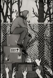 bare_tree black_gloves box cardboard_box cellar_art cry_of_fear fence fingerless_gloves forest from_side gloves grey_hoodie greyscale hand_on_knees heart highres hood hood_up hoodie iron_fence monochrome nature on_box out_of_frame reaching reaching_towards_another simon_henriksson sitting sitting_on_box slouching too_many too_many_hearts tree