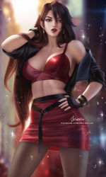 1girl arm_behind_head artist_name black_jacket black_pantyhose blaze_fielding breasts brown_eyes brown_hair cleavage commentary earrings english_commentary glass_shards hand_on_own_hip hoop_earrings jacket jewelry large_breasts lipstick long_hair makeup necklace open_mouth pantyhose photoshop_(medium) red_lips sega solo streets_of_rage streets_of_rage_4 swept_bangs wickellia