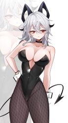Rule 34 | 1girl, absurdres, ahoge, alternate costume, bare shoulders, black choker, black horns, black leotard, black pantyhose, black tail, breasts, choker, closed mouth, collarbone, commentary request, commission, covered navel, cowboy shot, curled horns, demon tail, earrings, fishnet pantyhose, fishnets, grey hair, hair between eyes, hand on own hip, highres, horns, jewelry, key earrings, large breasts, leotard, long hair, mole, mole under eye, nora n k22, pantyhose, partial commentary, red eyes, skeb commission, solo, tail, white wrist cuffs, wrist cuffs, wuthering waves, zani (wuthering waves), zoom layer