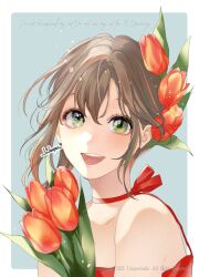1girl bare_shoulders border bouquet brown_hair dress flower green_eyes hair_flower hair_ornament highres open_mouth original outside_border red_dress red_flower red_tulip signature solo teeth tulip uooper upper_body upper_teeth_only white_border