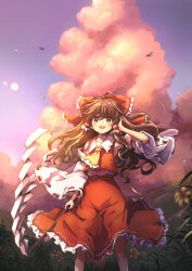 1girl :d ahoge ascot bow brown_eyes brown_hair bug cloud collared_shirt commentary cumulonimbus_cloud detached_sleeves dragonfly flower frilled_bow frilled_hair_tubes frilled_shirt_collar frilled_skirt frills gohei hair_bow hair_tubes hakurei_reimu hand_up highres holding holding_gohei insect long_hair long_sleeves looking_at_viewer mizumoto_tadashi open_mouth outdoors red_bow red_shirt red_skirt ribbon-trimmed_sleeves ribbon_trim shirt skirt sky sleeveless sleeveless_shirt smile solo standing touhou white_sleeves wide_sleeves yellow_ascot yellow_flower
