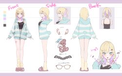 Rule 34 | 1girl, absurdres, black camisole, blonde hair, blush, camisole, closed mouth, colored inner hair, commentary request, green eyes, hair ornament, hairclip, highres, hood, hoodie, kurumi noah, kurumi noah (6th costume), magako, multicolored hair, multiple views, open clothes, open hoodie, purple hair, reference sheet, second-party source, slippers, socks, two-tone hair, virtual youtuber, vspo!, yellow socks