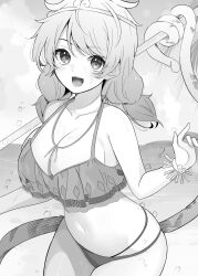 1girl beach bikini blush breasts highres large_breasts long_hair looking_at_viewer low_twintails meimei_(meimei89008309) monkey_girl monkey_tail monochrome navel ocean open_mouth smile solo son_biten swimsuit tail tiara touhou twintails water water_drop