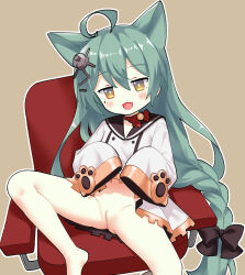 1girl ahoge akashi_(azur_lane) animal_ears azur_lane bottomless bow braid brown_background cat_ears censored chair commentary dot_nose english_commentary flat_chest green_hair hair_bow highres loli long_hair looking_at_viewer mole mole_under_eye mosaic_censoring on_chair open_mouth parallelrey pussy sidelocks simple_background sitting sleeves_past_fingers sleeves_past_wrists solo spread_legs very_long_hair yellow_eyes