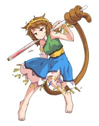 1girl alphes_(style) barefoot blue_dress blush breasts brown_hair circlet closed_mouth commentary_request dairi dress full_body furrowed_brow green_dress large_variant_set long_hair low_twintails medium_breasts monkey_tail multicolored_dress parody red_eyes smile solo son_biten style_parody sweatdrop tachi-e tail test_tube torn_clothes torn_dress touhou transparent_background twintails variant_set yellow_dress