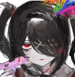 1girl ame-chan_(needy_girl_overdose) blood blood_splatter gun gun_to_head hair_ornament hair_over_one_eye handgun heart highres holding holding_gun holding_weapon implied_suicide looking_at_viewer naishukketsukata needy_girl_overdose rainbow_blood rainbow_print red_eyes red_lips short_twintails solo twintails upper_body weapon x_hair_ornament
