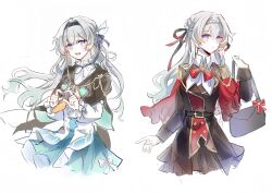 1girl absurdres aqua_dress bag bear_uu3 belt black_bag black_belt black_hairband black_jacket black_ribbon blue_eyes blue_hair blue_pupils blue_ribbon blush bow bowtie braid brown_dress cape closed_mouth collared_shirt dress dress_bow epaulettes firefly_(honkai:_star_rail) firefly_(vision)_(honkai:_star_rail) floating_hair gradient_hair grey_hair hair_between_eyes hair_ornament hair_ribbon hairband hand_up hands_up heart heart_hands heart_ornament highres holding holding_bag honkai:_star_rail honkai_(series) jacket lapels leaf_hair_ornament long_hair long_sleeves looking_at_viewer multicolored_eyes multicolored_hair multiple_views neck_ribbon neckerchief official_alternate_costume open_mouth orange_neckerchief pink_eyes puffy_long_sleeves puffy_sleeves red_bow red_bowtie red_cape ribbon sailor_collar shirt simple_background smile standing two-tone_dress white_background white_bow white_dress white_ribbon white_shirt