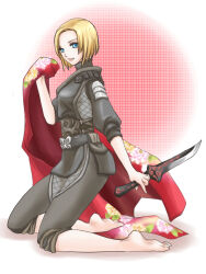 1girl adventurer_(ff11) barefoot belt black_belt blonde_hair blue_eyes breasts dagger final_fantasy final_fantasy_xi fishnets from_side full_body hand_up holding holding_dagger holding_knife holding_weapon hume kneeling knife left-handed looking_at_viewer medium_breasts ninja ninja_(final_fantasy) open_mouth sakutsuki short_hair smile solo turtleneck weapon