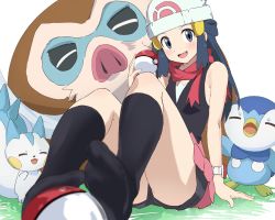 1girl 3others absurdres arm_support beanie black_shirt black_shorts black_socks blue_eyes blue_hair blurry blurry_foreground blush breasts commentary_request dawn_(pokemon) feet feet_on_toy foreshortening gen_4_pokemon hair_ornament hairclip hat head_tilt highres holding_with_feet knees_up legs long_hair looking_at_viewer mamoswine multiple_others nintendo no_shoes open_mouth pachirisu pink_skirt piplup poke_ball_print pokemon pokemon_dppt poketch rauto red_scarf scarf shirt shorts shorts_under_skirt sidelocks sitting skirt sleeveless sleeveless_shirt small_breasts socks thighs watch white_background white_headwear wristwatch