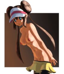 1girl absurdres black_pantyhose blue_eyes blush breasts brown_background brown_hair double_bun female_focus hair_bun highres large_breasts long_hair looking_at_viewer medium_breasts navel nintendo nipples nude open_mouth ospry_(demg3234) pantyhose pokemon pokemon_bw2 pussy pussy_peek rosa_(pokemon) skirt solo standing undressing visor_cap yellow_skirt