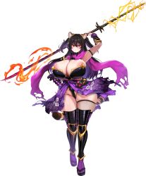 1girl animal_ears areola_slip black_hair blush breasts cleavage double_blade fishnet_thighhighs fishnets geta hair_between_eyes highres holding holding_sword holding_weapon huge_breasts japanese_clothes kaenuco kunoichi_shiden last_origin long_hair looking_at_viewer mole mole_on_breast mole_on_thigh multicolored_hair ninja official_art purple_hair red_eyes single_fishnet_legwear solo sword tabi tachi-e tail thick_thighs thighhighs thighs tiger_ears tiger_girl tiger_tail transparent_background two-tone_hair two_side_up weapon