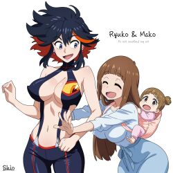3girls :d alternate_costume bare_arms bare_shoulders black_hair breasts character_name cleavage closed_eyes earrings highres if_they_mated jewelry kill_la_kill looking_at_another mankanshoku_mako matoi_ryuuko multiple_girls navel open_mouth red_hair senketsu shio_(zsp1jqohfr12495) skirt smile
