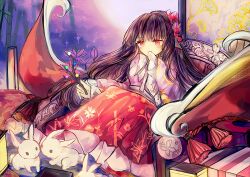 1girl animal bamboo bamboo_print black_hair blush branch covering_own_mouth dress floral_print floral_print_dress flower frilled_dress frilled_sleeves frills full_moon hand_over_own_mouth holding holding_branch houraisan_kaguya jeweled_branch_of_hourai lantern long_hair lotus moon night print_dress purple_background rabbit red_dress red_eyes sanuo sitting solo touhou very_long_hair