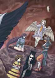 6+girls animal_ears apple back_cover black_hair blue_eyes boots breasts brown_boots brown_eyes brown_hair capelet comiket_90 cover dark-skinned_female dark_skin dress feathered_wings fishnet_pantyhose fishnets food frilled_skirt frills fruit green_necktie grey_dress grey_hair grey_shirt grey_shorts grey_wings hanemikakko large_breasts multiple_girls necktie panther_ears panther_girl pantyhose raccoon_ears raccoon_girl reiuji_utsuho shirt shorts skirt touhou white_shirt wings yellow_capelet yellow_skirt