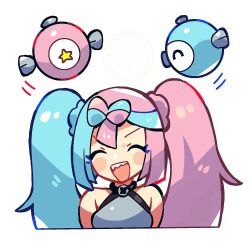 1girl :d ^_^ alternate_color anidler91 animated arms_at_sides bare_shoulders blue_hair blunt_ends blush_stickers bow-shaped_hair center-flap_bangs character_hair_ornament closed_eyes commentary_request cropped_torso floating_hair floating_headgear hair_ornament halterneck headgear iono_(pokemon) motion_lines multicolored_hair nintendo open_mouth pink_hair pokemon pokemon_sv sharp_teeth simple_background sleeveless smile straight-on teeth twintails two-tone_hair unworn_hair_ornament upper_teeth_only video white_background