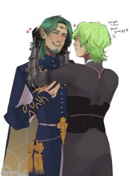 2boys arm_up armor armored_gloves black_gloves black_robe blue_cape blue_coat blush male_byleth_(enlightened)_(fire_emblem) male_byleth_(fire_emblem) cape closed_eyes coat commentary couple cowboy_shot english_commentary facial_hair fire_emblem fire_emblem:_three_houses gloves goatee green_eyes green_hair grin hair_behind_ear hand_in_another&#039;s_hair heart highres jmnp7888 long_sleeves looking_at_another male_focus multiple_boys nintendo pointy_ears robe seteth_(fire_emblem) simple_background smile tassel teeth tiara twitter_username two-sided_cape two-sided_fabric white_background yaoi