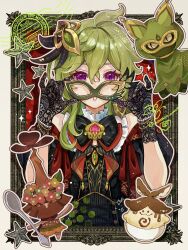 Rule 34 | 1girl, absurdres, aramuhukunda (genshin impact), arapas (genshin impact), black bow, black bowtie, black gloves, bow, bowtie, bracelet, collar, collei (genshin impact), commentary request, cuilein-anbar (genshin impact), frilled collar, frills, genshin impact, gloves, green hair, hair between eyes, highres, holding, holding mask, jewelry, lace, lace gloves, looking at viewer, mask, masquerade mask, misoshiru umai4, parted lips, picture frame, purple eyes, ring, solo, spoon, star (symbol), straight-on, through medium, through painting, through screen, twitter username, upper body