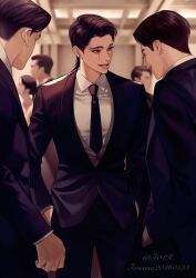 1girl 5boys artist_name black_hair black_jacket black_necktie blue_eyes blurry blurry_background cowboy_shot earrings faceless faceless_male hands_in_pockets heterochromia highres indoors jacket jewelry looking_at_another male_focus mouth_piercing multiple_boys necktie open_mouth original parted_lips red_eyes scar scar_across_eye scar_across_eyebrow scar_on_face shirt short_hair teeth thick_lips toscana20460423 twitter_username white_shirt